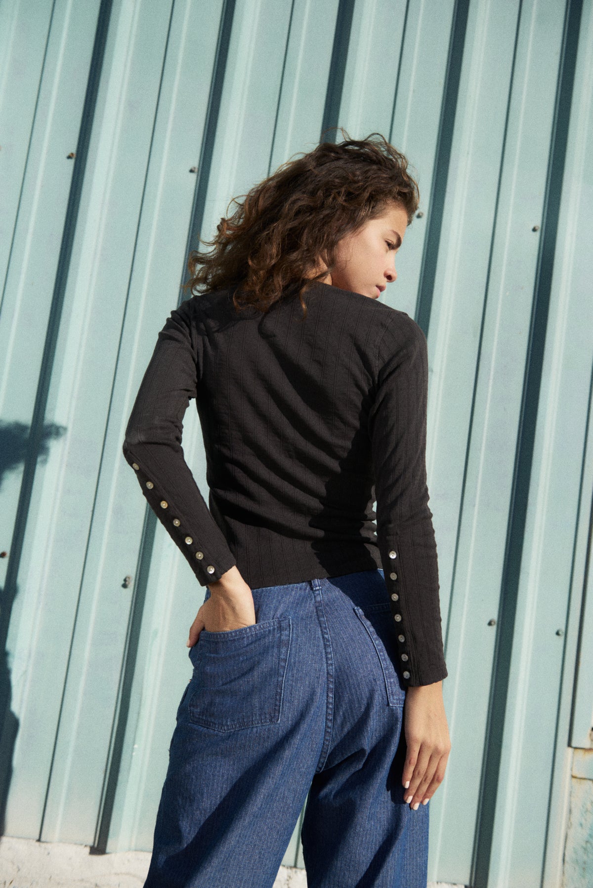 Pointelle Henley Tee - Charcoal