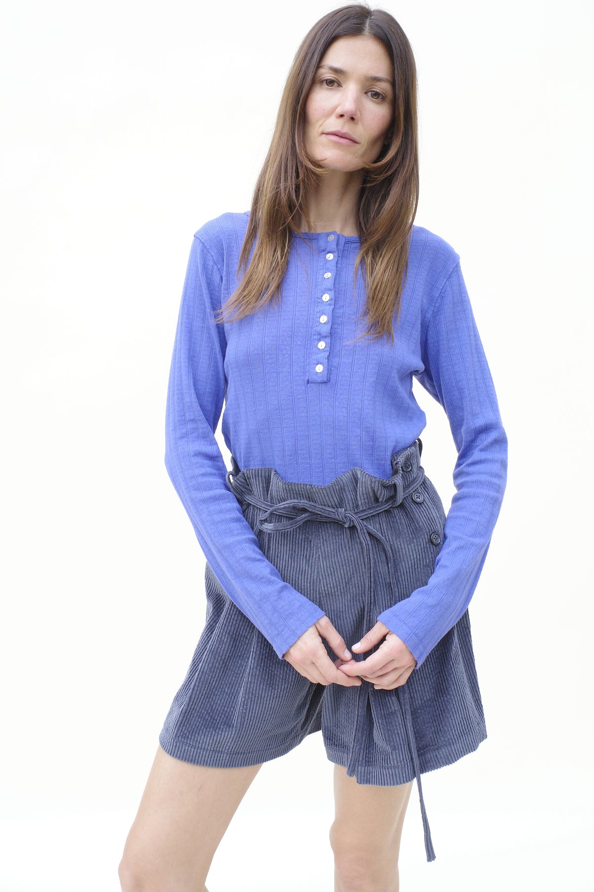 Pointelle Henley Tee - Washed Cobalt